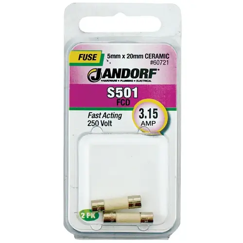 Jandorf 60721 Fast Acting Fuse, 3.15 A, 250 V, 1500 A Interrupt, Ceramic Body
