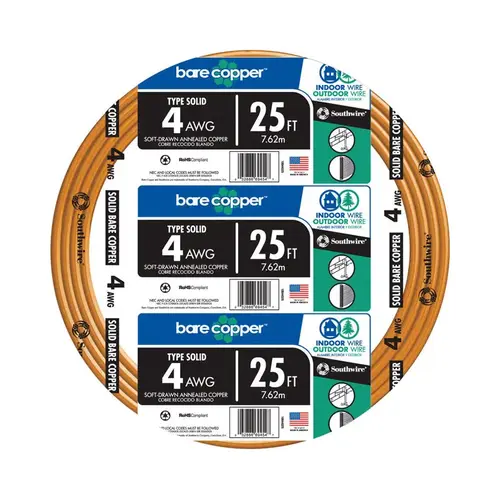 Southwire 10644325 Building Wire 25 ft. 4 Solid Bare Copper Metallic