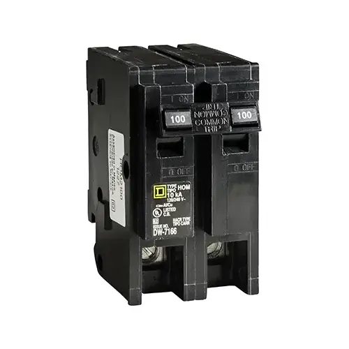Square D HOM2100CP Homeline Circuit Breaker, Mini, 100 A, 2 -Pole, 120/240 V, Fixed Trip, Plug Mounting, Black