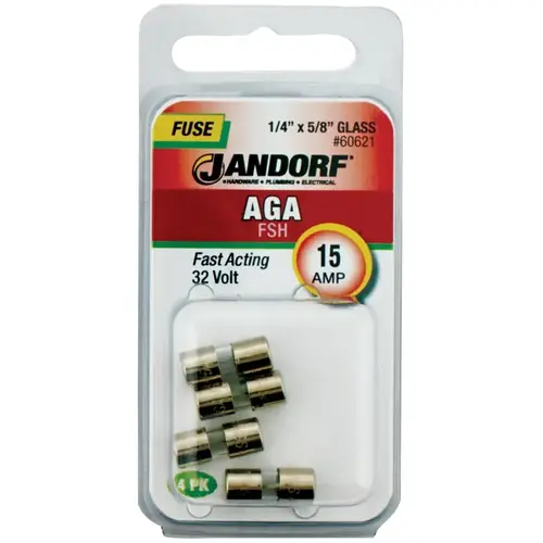 Jandorf 60621 Fast Acting Fuse, 15 A, 32 V, 1 kA Interrupt, Glass Body