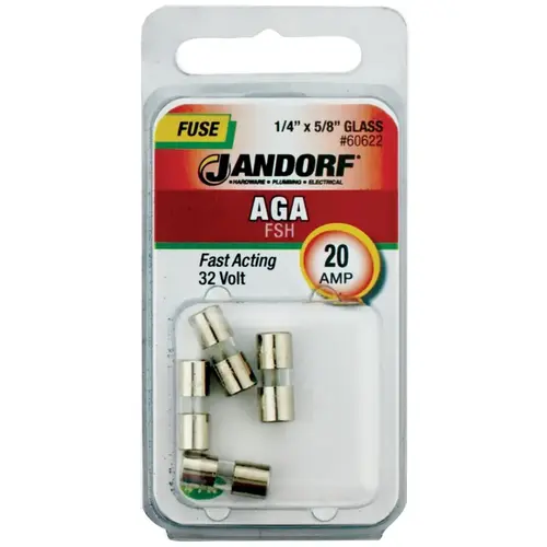 Jandorf 60622 Fast Acting Fuse, 20 A, 32 V, 1 kA Interrupt, Glass Body