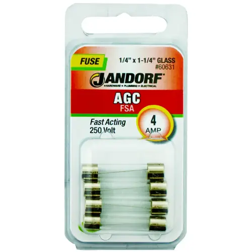 Jandorf 60631 Fast Acting Fuse, 4 A, 250 V, 200 A, 10 kA Interrupt, Glass Body
