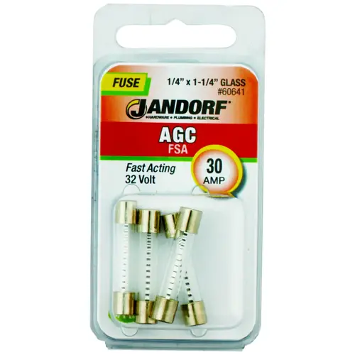 Jandorf 60641 Fast Acting Fuse, 30 A, 32 V, 1 kA Interrupt, Glass Body