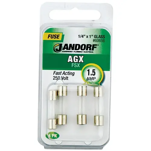 Jandorf 60656 Fast Acting Fuse, 1.5 A, 250 V, 100 A, 10 kA Interrupt, Glass Body