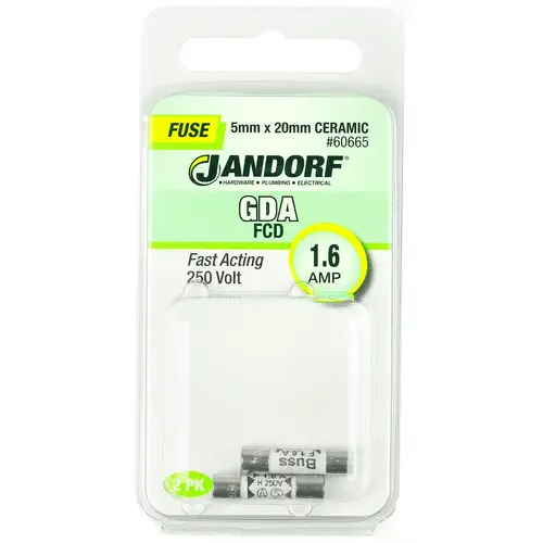 Jandorf 60665 Fast Acting Fuse, 1.6 A, 250 V, 1500 A Interrupt, Ceramic Body