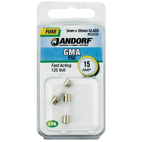 Jandorf 60690 Fast Acting Fuse, 15 A, 125 V, 150 A Interrupt, Glass Body