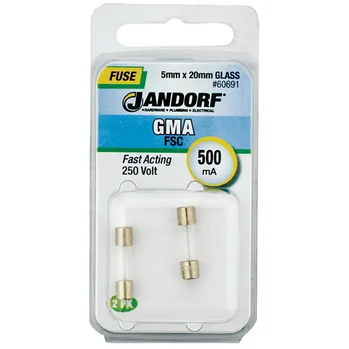 Jandorf 60691 Fast Acting Fuse, 500 mA, 250 V, 35 A, 10 kA Interrupt, Glass Body