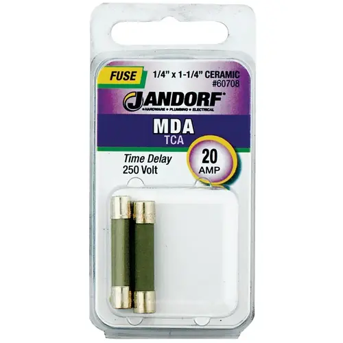 Jandorf 60708 Time Delay Fuse, 20 A, 250 V, 1500 A, 10 kA Interrupt, Ceramic Body
