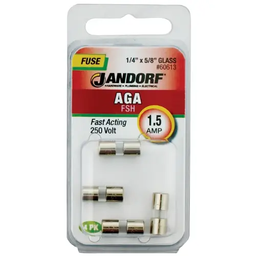Jandorf 60613 Fast Acting Fuse, 1.5 A, 250 V, 100 A, 10 kA Interrupt, Glass Body