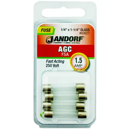 Jandorf 60627 Fast Acting Fuse, 1.5 A, 250 V, 100 A, 10 kA Interrupt, Glass Body