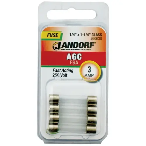 Jandorf 60630 Fast Acting Fuse, 3 A, 250 V, 100 A, 10 kA Interrupt, Glass Body
