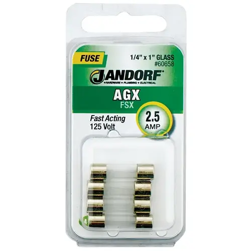 Jandorf 60658 Fast Acting Fuse, 2.5 A, 125 V, 100 A, 10 kA Interrupt, Glass Body