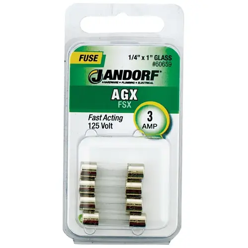 Jandorf 60659 Fast Acting Fuse, 3 A, 125 V, 100 A, 10 kA Interrupt, Glass Body
