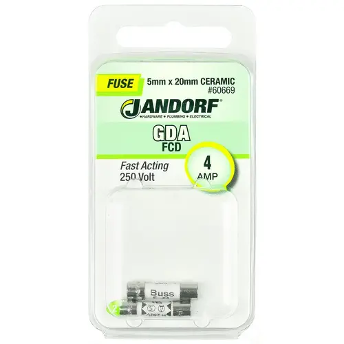 Jandorf 60669 Fast Acting Fuse, 4 A, 250 V, 1500 A Interrupt, Ceramic Body