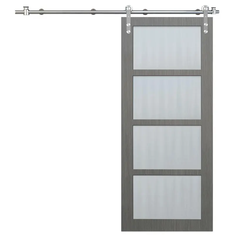 36 in. x 84 in. 4-Lite Driftwood Clear Coat Interior Sliding Barn Door with Round Stainless Steel Hardware Kit85 / each