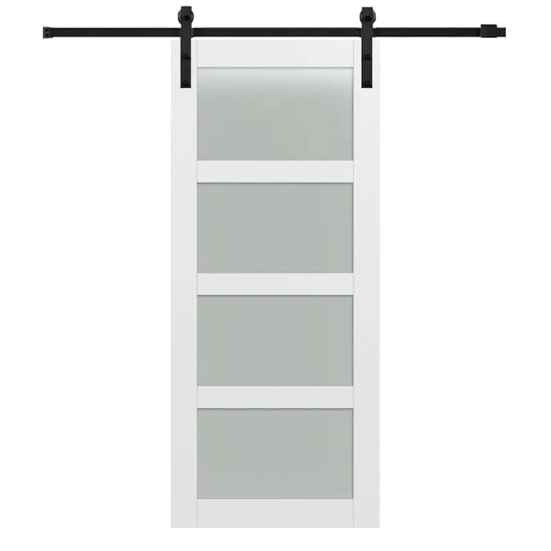42 in. x 84 in. Shaker 4-Lite Frosted Glass Primed MDF Sliding Barn Door with Bent Strap Hardware KitPrimed / 42 x 84 / Bronze
