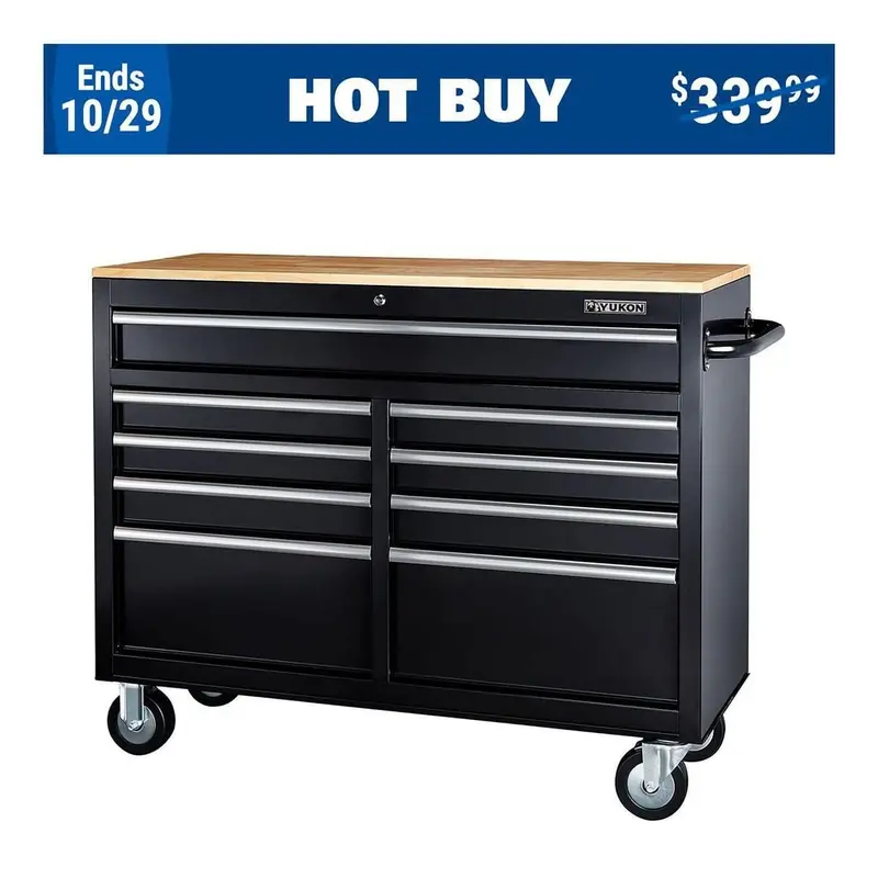 46 in.  9-Drawer Mobile Storage Cabinet with Solid Wood Top - Black