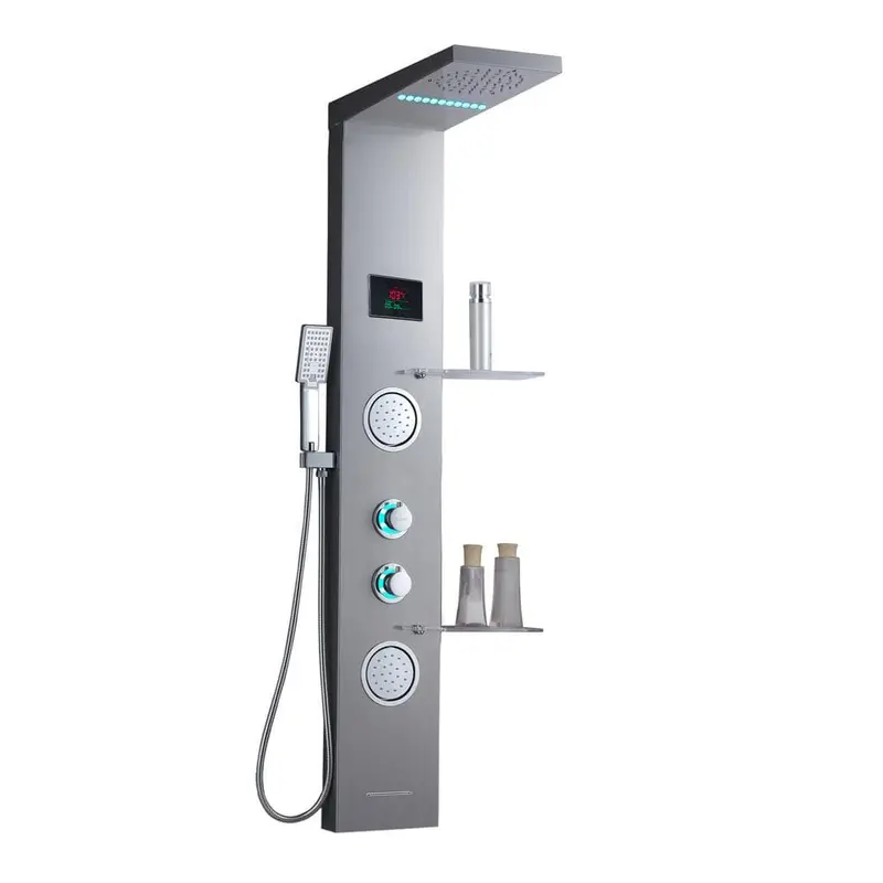 53 in. 2-Jet Shower Panel System with Shelf LED Rainfall and Mist Head Hand Shower and Tub Spout in Brushed Nickel9.66 kg / case