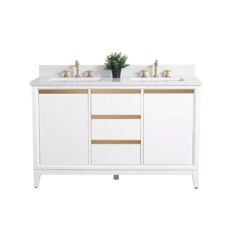 54 in. W x 22 in. D x 34 in. H Double Sink Bathroom Vanity in White with Engineered Marble Top