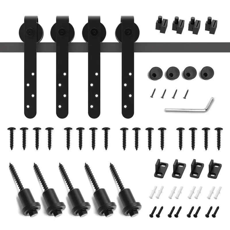 6.6 ft./79 in. Black Steel Sliding Barn Door Track and Hardware Kit for Double Doors with Floor Guide