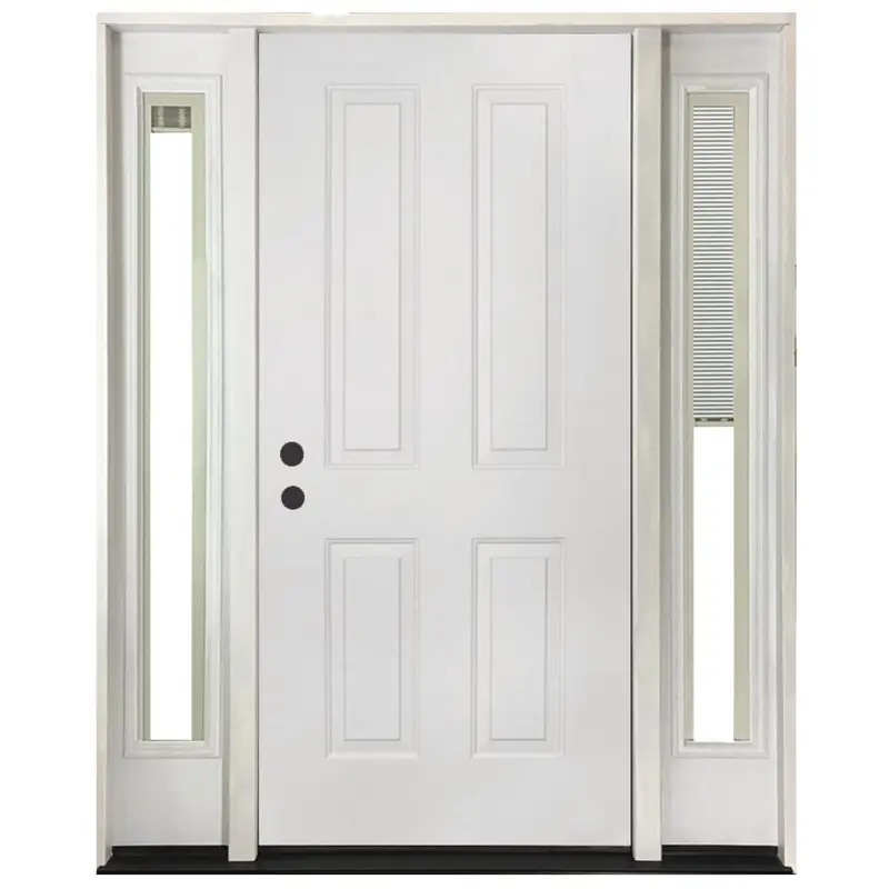 64 in. x 80 in. 4-Panel Primed White Right-Hand Steel Prehung Front Door with 12 in. Mini Blind Sidelites 4 in. WallWhite Primed / 60 x 80 / Right-Hand/Inswing