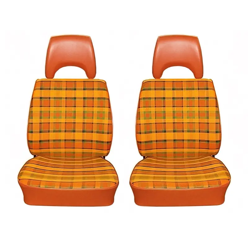 Custom Upholstery for Front Bucket Seats (Plaid/Vinyl) [Late Bus]1976-79 / Mexican Beige Plaid with Brown Vinyl