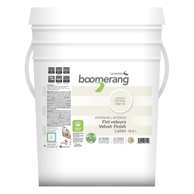 boomerang 5181 Series 5181-15L34 Interior Paint, Velvet Sheen, Cotton, 18.9 L, 40 sq-m Coverage Area