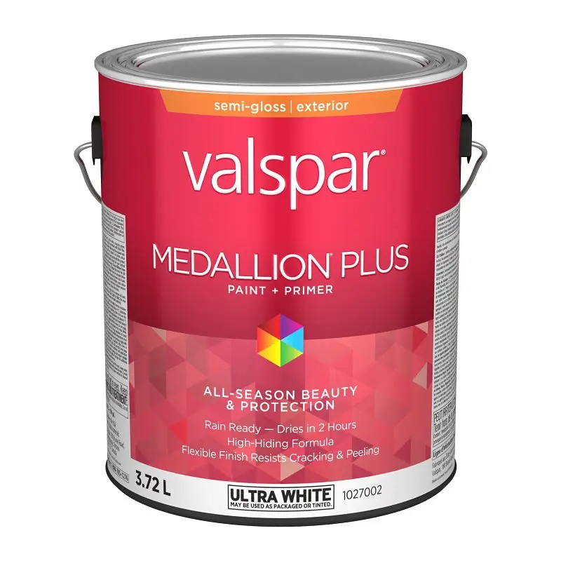 Medallion Plus 029.1027002.007 Exterior Paint and Primer, Acrylic, Semi-Gloss, Ultra White, 1 gal