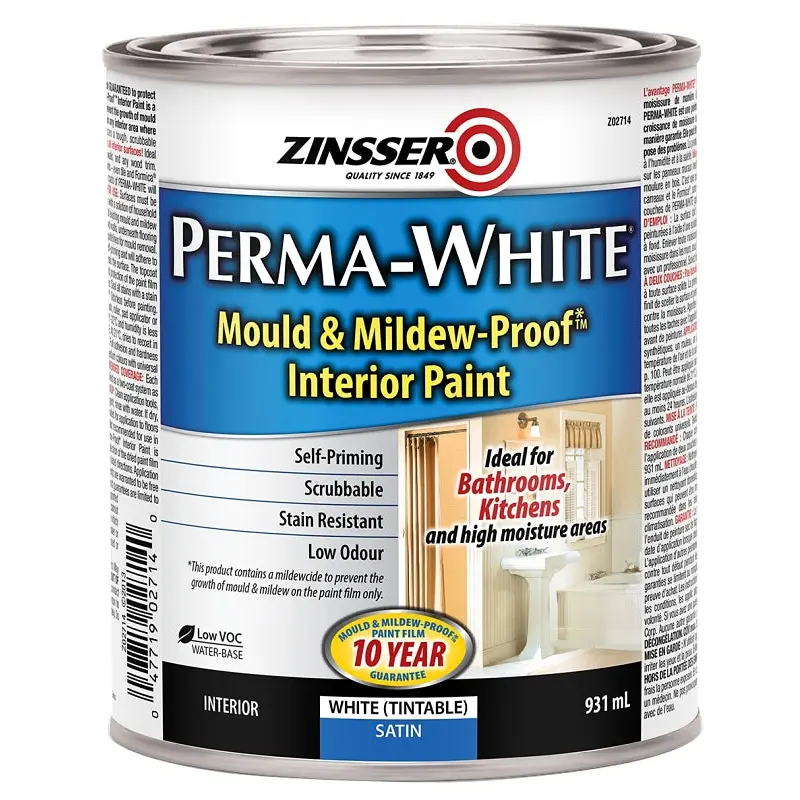 Zinsser PERMA-WHITE Z02714 Kitchen and Bath Paint, Satin, White, 931 mL, Can, Water