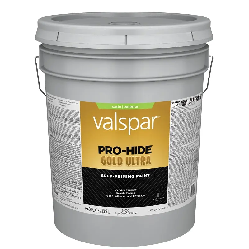 Valspar Pro-Hide Gold Ultra 6600 028.0066000.008 Latex Paint, Acrylic Base, Satin Sheen, Super One Coat White, 5 gal