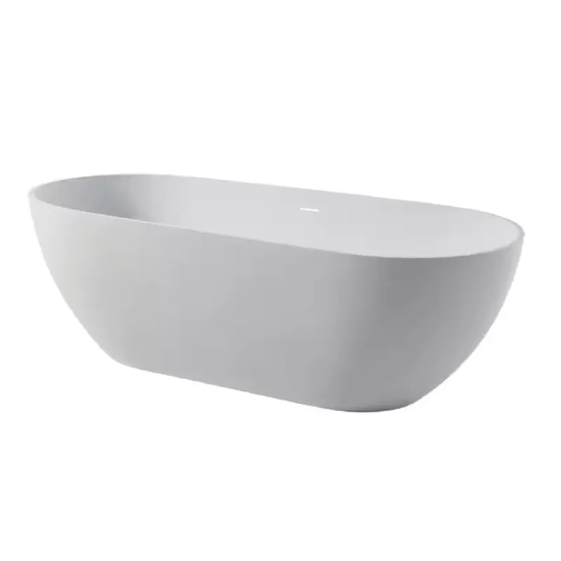59 in. Stone Resin Flatbottom Solid Surface Freestanding Double Slipper Soaking Bathtub in White with Brass Drain