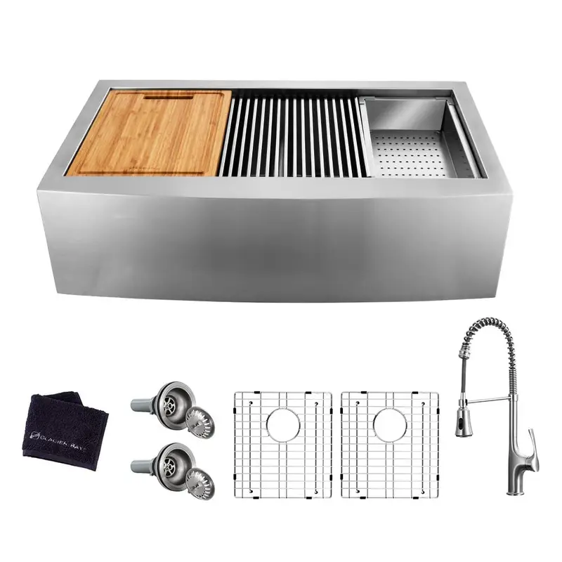 All-in-One Apron-Front Farmhouse Stainless Steel 36 in. 50/50 Double Bowl Workstation Sink with Faucet and Accessories60.6 / each