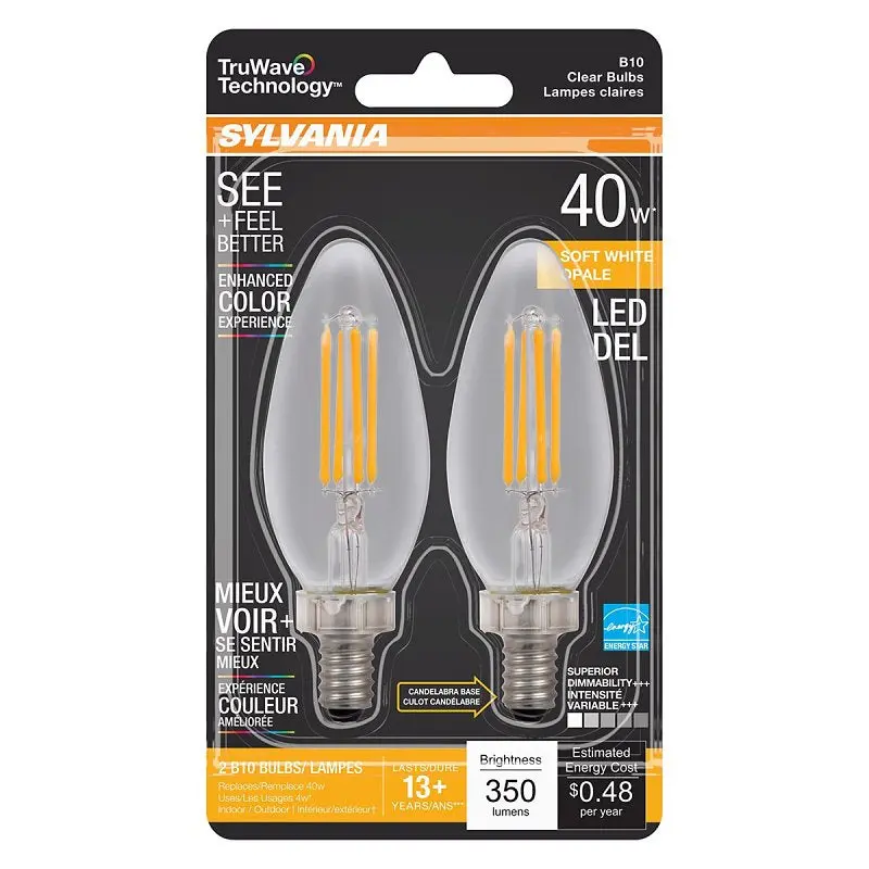 Sylvania 40794 Natural LED Bulb, Decorative, B10 Blunt Tip Lamp, 40 W Equivalent, E12 Lamp Base, Dimmable, Clear