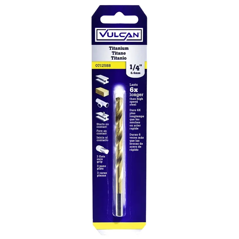 Vulcan Jobber Drill Bit, 1/4 in Dia, 4 in OAL, 3-Flat Shank