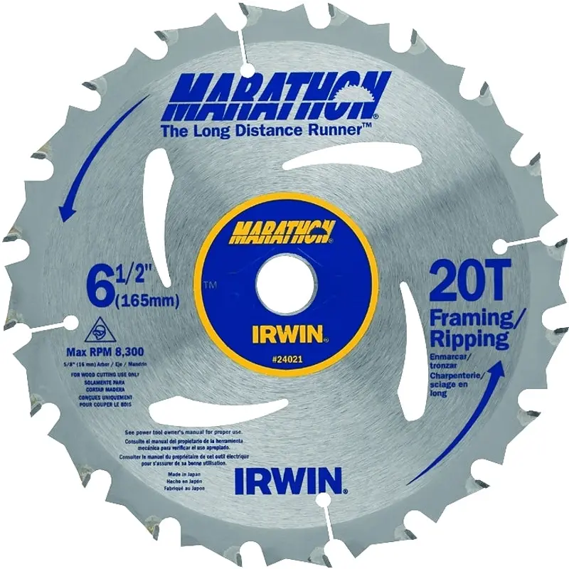 Irwin Marathon 24021 Circular Saw Blade, 6-1/2 in Dia, 5/8 in Arbor, 20-Teeth, Carbide Cutting Edge