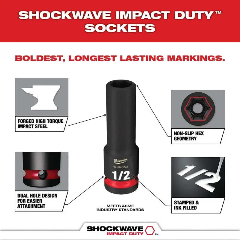 Milwaukee SHOCKWAVE Impact Duty Series 49-66-6805 Socket Set, Chrome Molybdenum Steel, Specifications: 3/8 in Drive