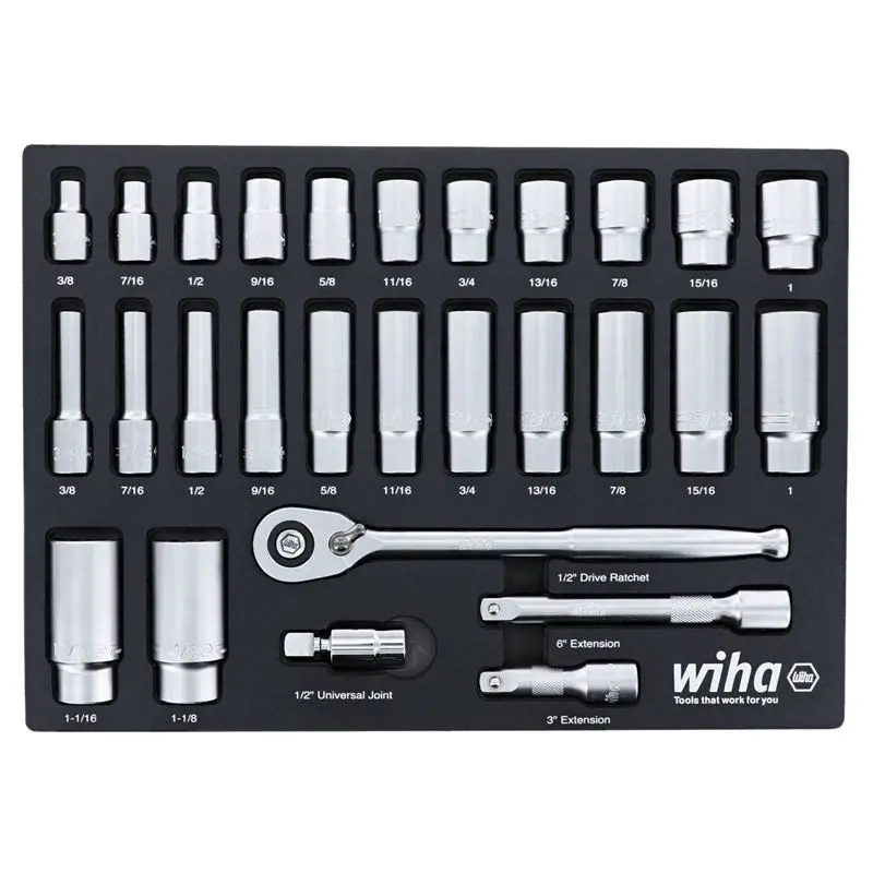 WIHA 33896 28 Piece 1/2 Drive Professional Standard and Deep Socket Tray Set - SAE