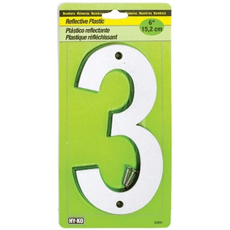 Hy-Ko 30800 Series 30803 Reflective Sign, Character: 3, 6 in H Character, Black/Silver Character, Plastic