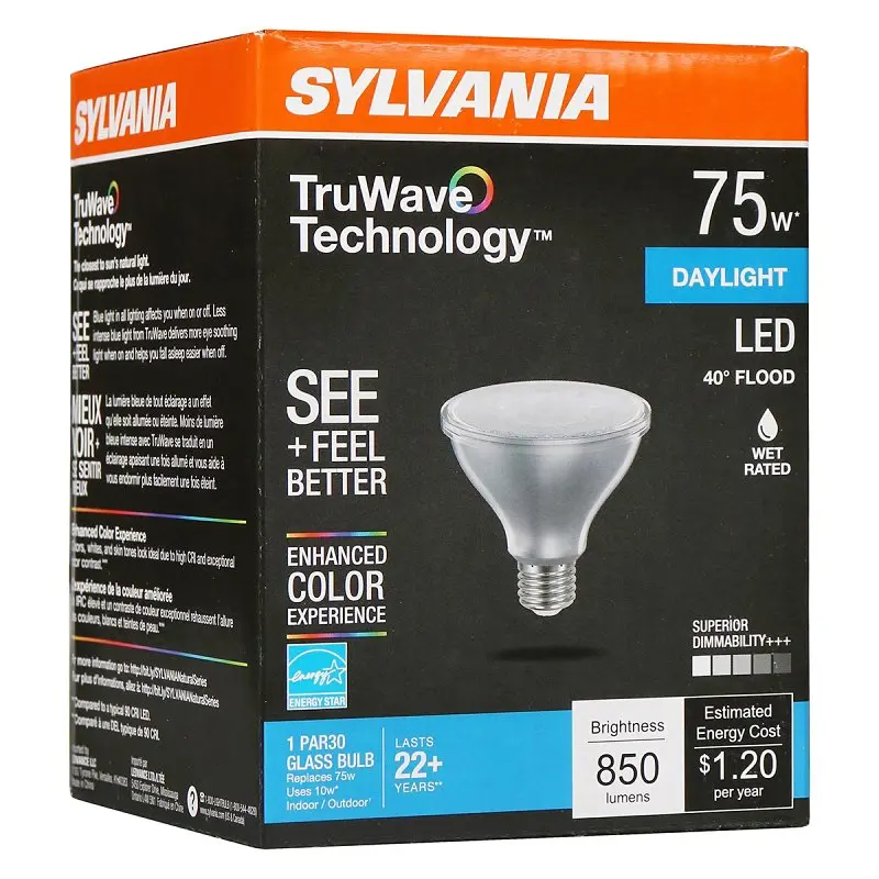 Sylvania 40917 Natural LED Bulb, Spotlight, PAR30 Lamp, E26 Lamp Base, Dimmable, Clear, Daylight Light