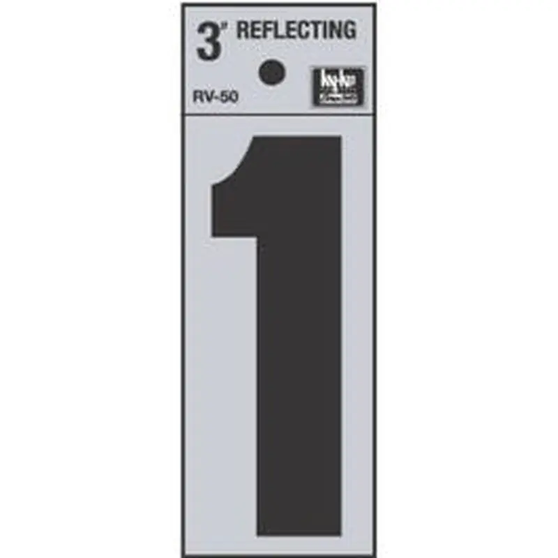 Address Number, "1", Reflective, Black Vinyl Adhesive, 3-In.