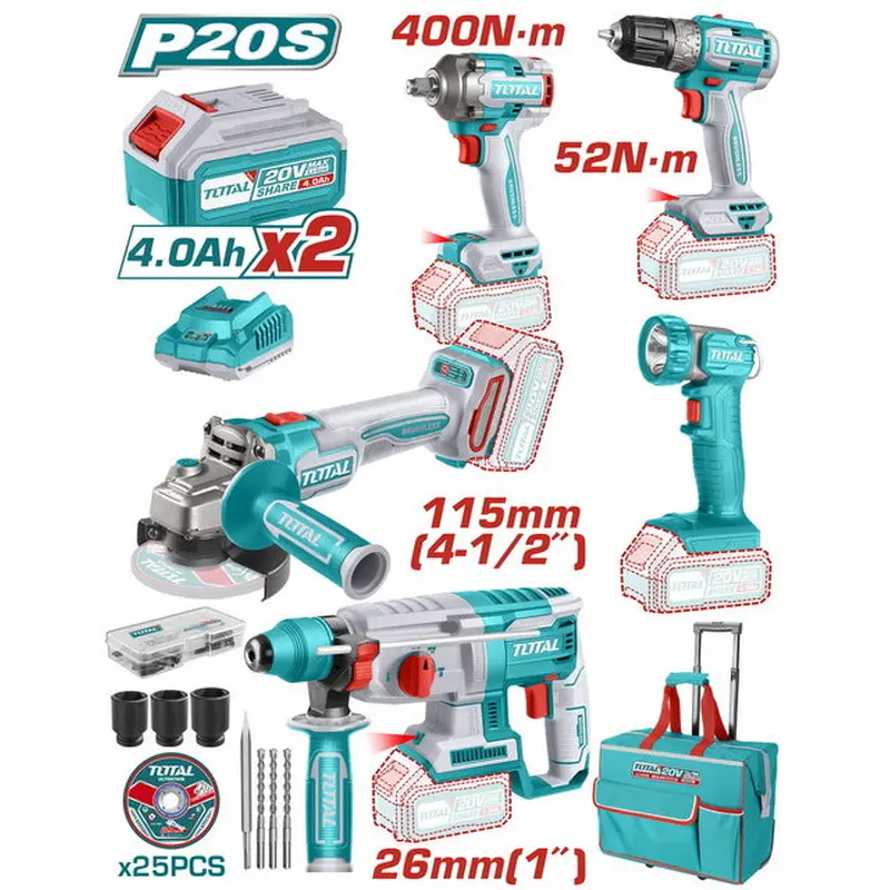 TOTAL Professional 5-piece Battery Tool Set Li-ion 20V / 4Ah / 2 Batteries (TCKLI2058)