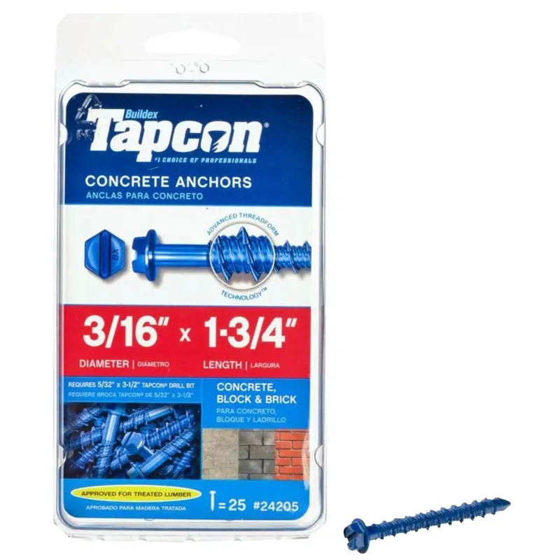 Tapcon 24205 Concrete Screw Anchor, 3/16 in Dia, 1-3/4 in L, Steel, Climaseal