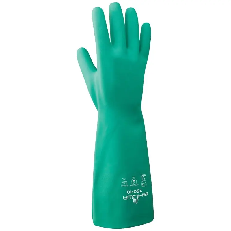 Showa 730-10.RT Work Gloves, Unisex, XL, 33 cm L, Gauntlet Cuff, Nitrile, Green