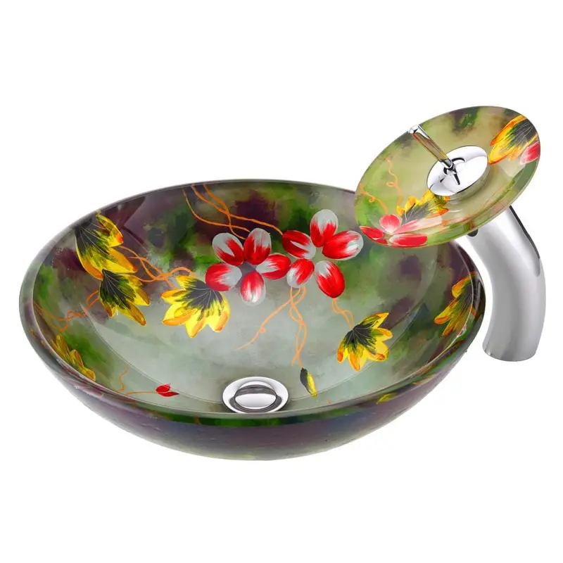 ANZZI Impasto Series Vessel Sink in Hand Painted Mural with Matching Chrome Waterfall Faucet17.2 / each