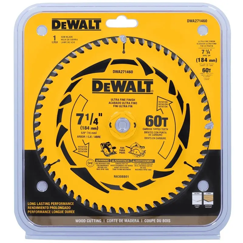 DeWALT DWA171460 Circular Saw Blade, 7-1/4 in Dia, 5/8 in Arbor, 60-Teeth, Tungsten Carbide Cutting Edge