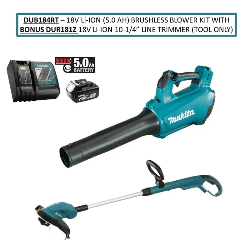Makita DUB184RT1 18V Li Ion (5.0 Ah) Brushless BLOWER KIT WITH BONUS DUR181Z 18V Li Ion 10 1/4 Line Trimmer (Tool Only)