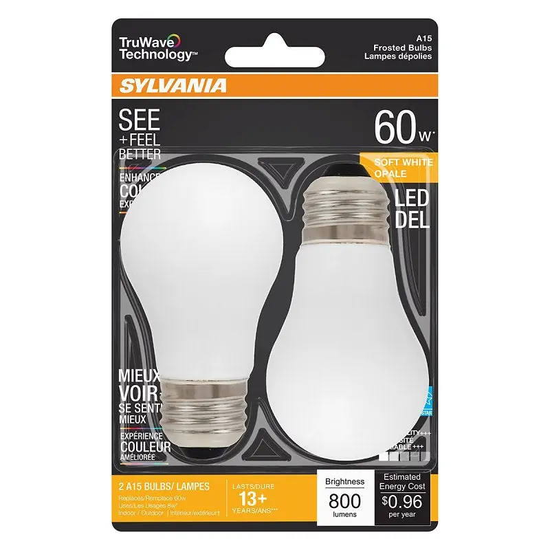 Sylvania 40763 Natural LED Bulb, General Purpose, A15 Lamp, 60 W Equivalent, E26 Lamp Base, Dimmable, Frosted