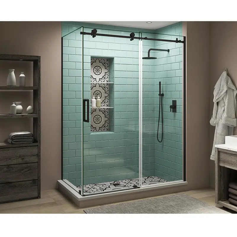 60 in. - 64 in. x 34 in. x 80 in. Frameless Corner Sliding Shower Enclosure Clear Glass in Oil Rubbed Bronze LeftOil Rubbed Bronze - Left / Clear / 294