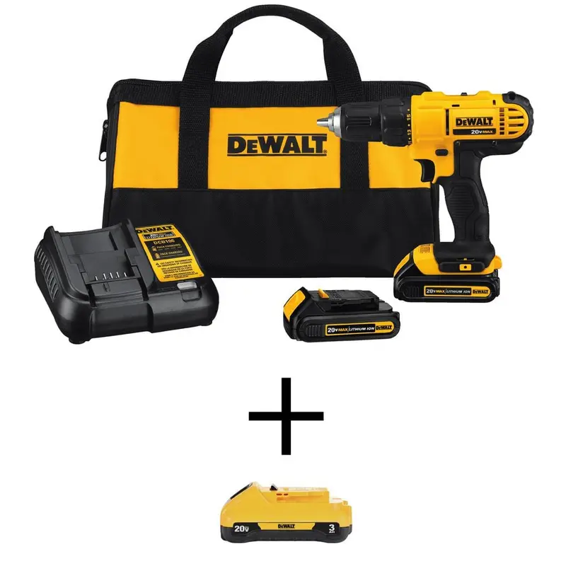 20-Volt MAX Li-Ion Cordless 1/2 in. Drill/Driver Kit with Two 20-Volt Batteries 1.3Ah, 3.0Ah Battery, Charger & Tool Bag6.75 / bundle