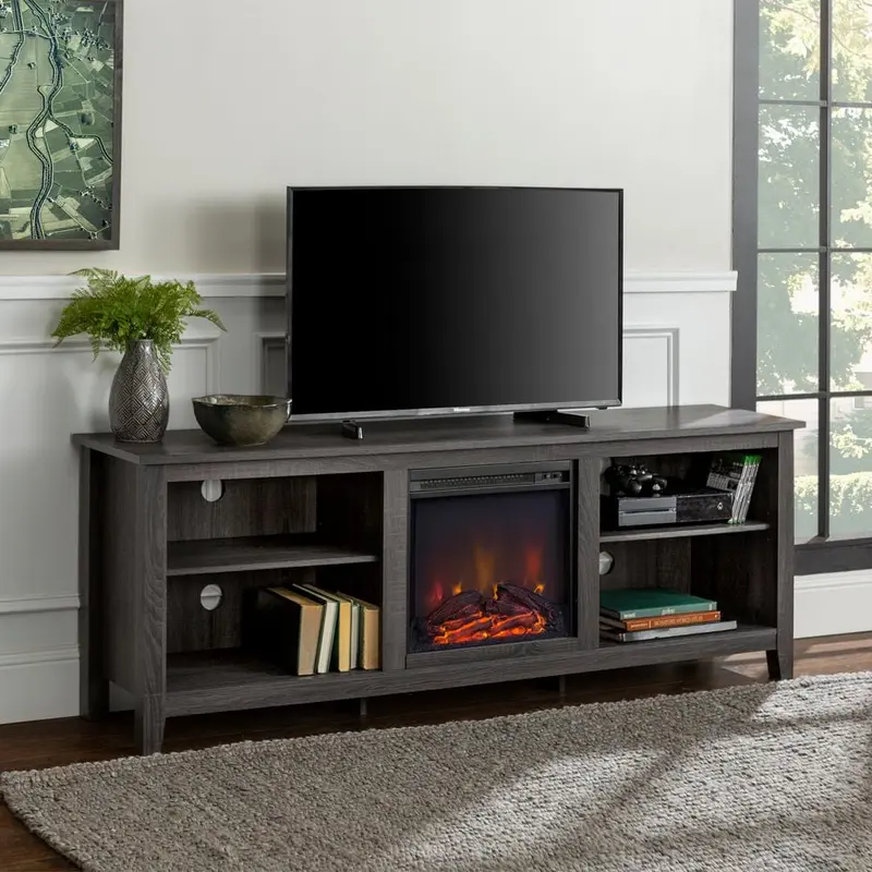 70 in. Wood Media TV Stand Console with Fireplace - Charcoal400 ft / 70 in / White Oak